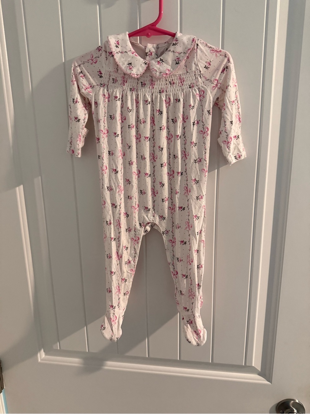 Angel Dear Bamboo Footed Sleeper Pink Bows Floral Peter Pan Collar 6-9M
